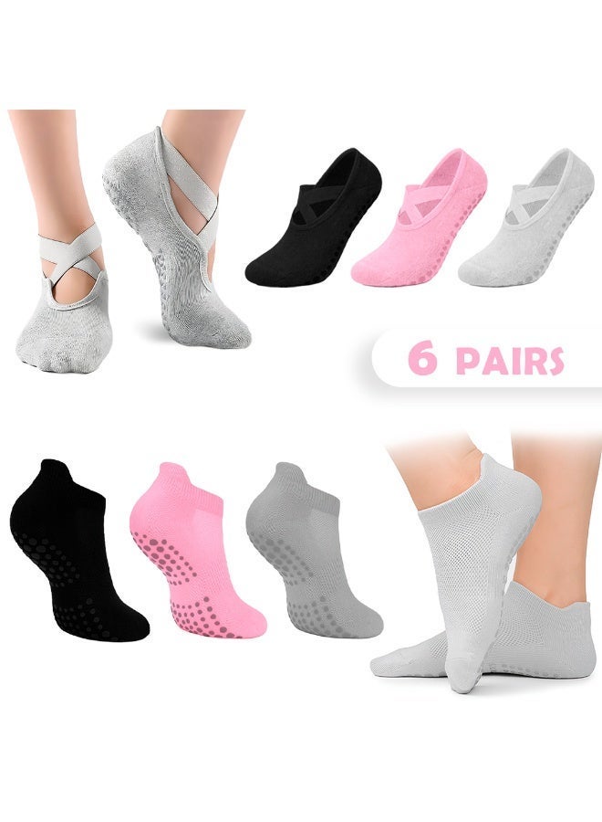 Bernessi 6 Pairs Non-Slip Yoga Socks Set For Women 2 Designed 3 Colors, Barre Elastic Workout Pilates Yoga Socks For Yoga Sports Gym Home Barefoot Exercises Dance Ballet - Image 1